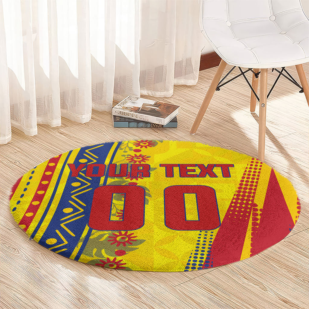 Personalized Colombia Soccer Round Carpet Floral Folk Pattern - Retro Football Player Art