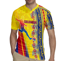 Personalized Colombia Soccer Rugby Jersey Floral Folk Pattern - Retro Football Player Art