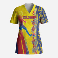 Personalized Colombia Soccer Scrub Top Floral Folk Pattern - Retro Football Player Art