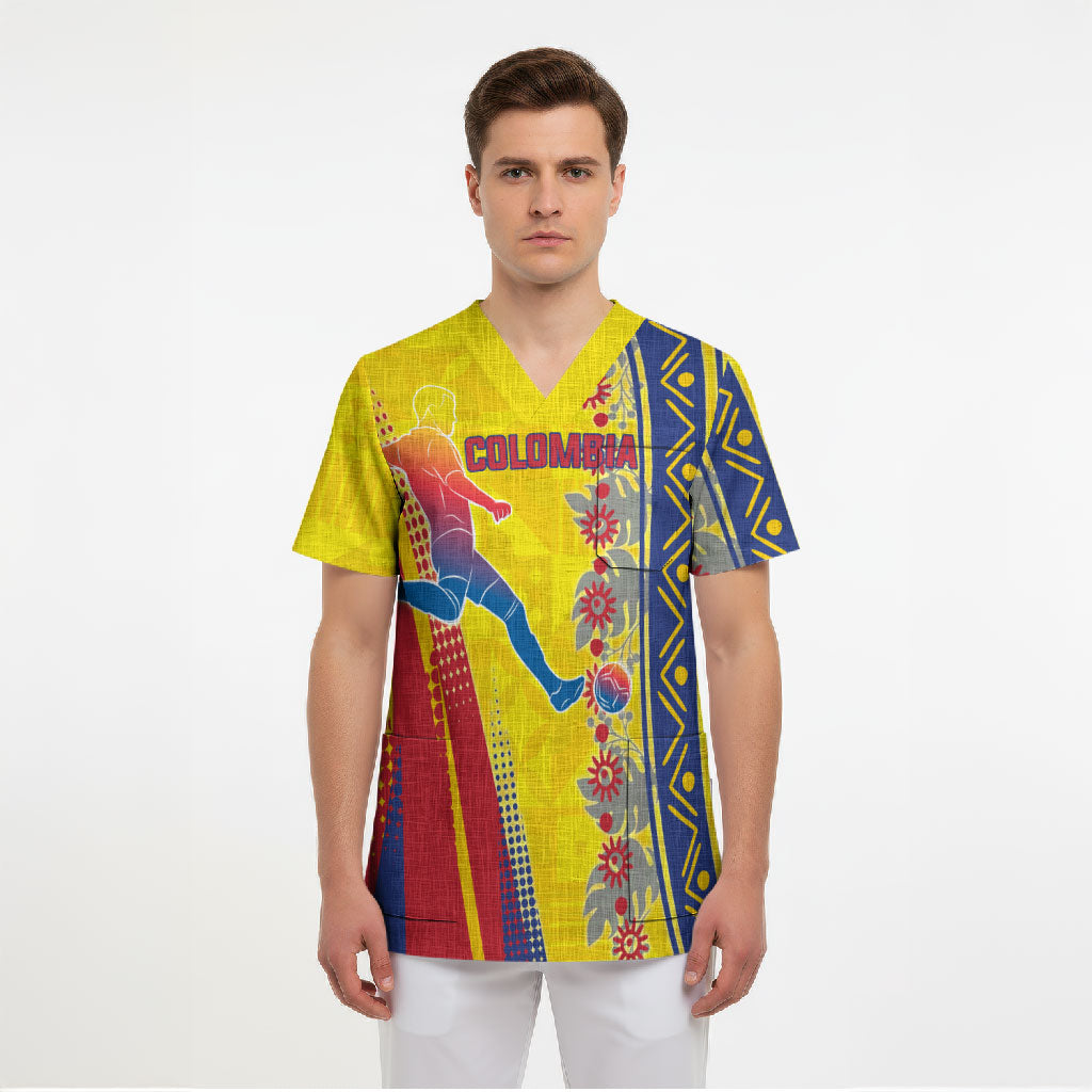 Personalized Colombia Soccer Scrub Top Floral Folk Pattern - Retro Football Player Art