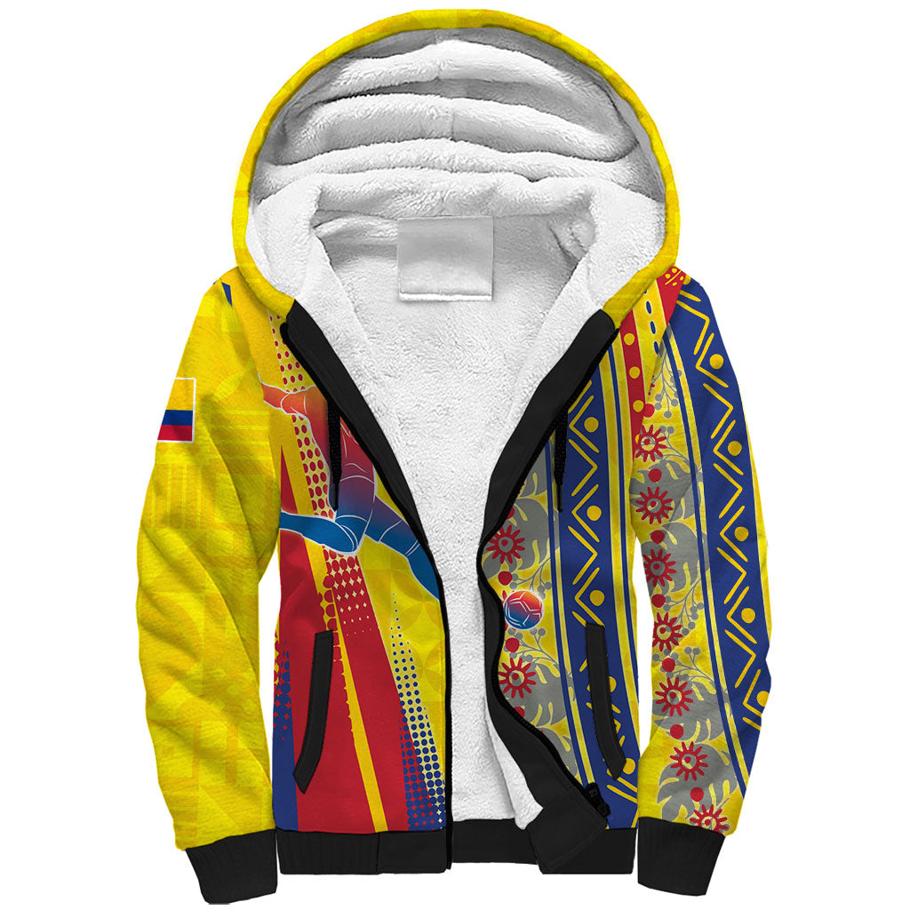 Personalized Colombia Soccer Sherpa Hoodie Floral Folk Pattern - Retro Football Player Art