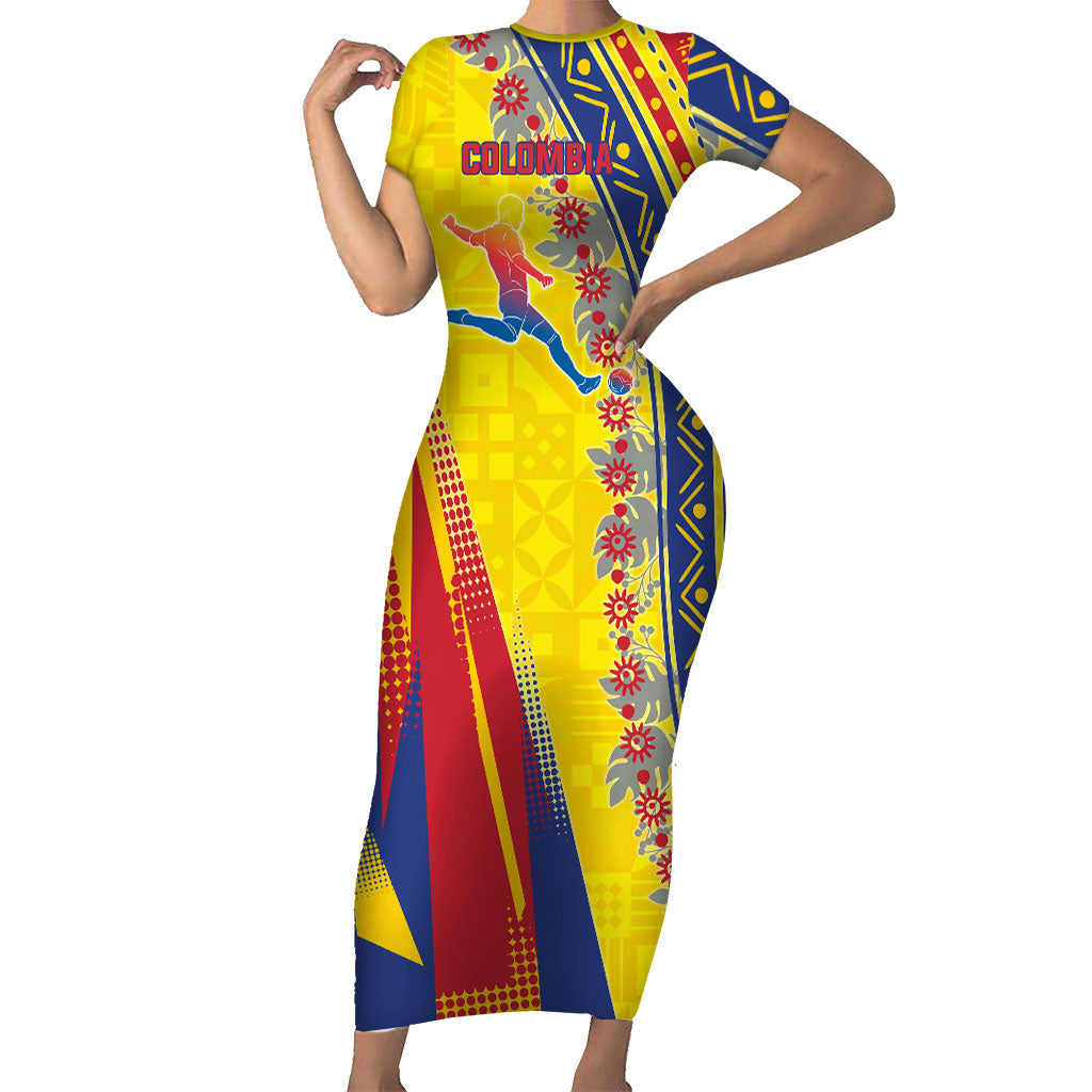Personalized Colombia Soccer Short Sleeve Bodycon Dress Floral Folk Pattern - Retro Football Player Art