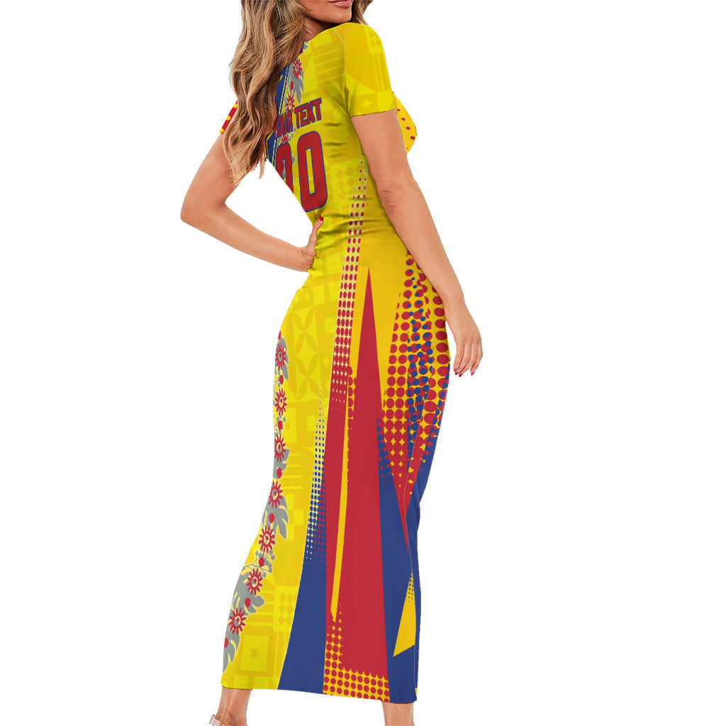 Personalized Colombia Soccer Short Sleeve Bodycon Dress Floral Folk Pattern - Retro Football Player Art