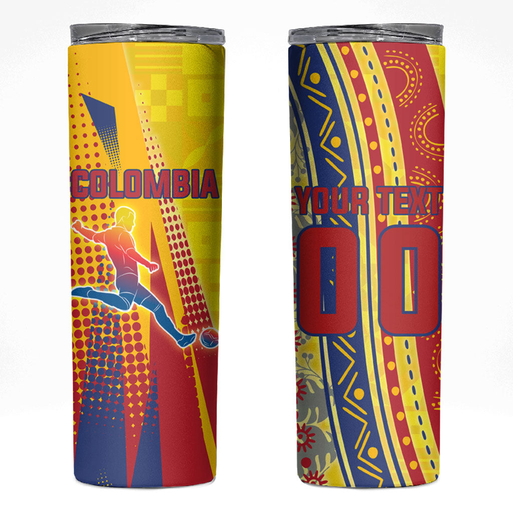 Personalized Colombia Soccer Skinny Tumbler Floral Folk Pattern - Retro Football Player Art