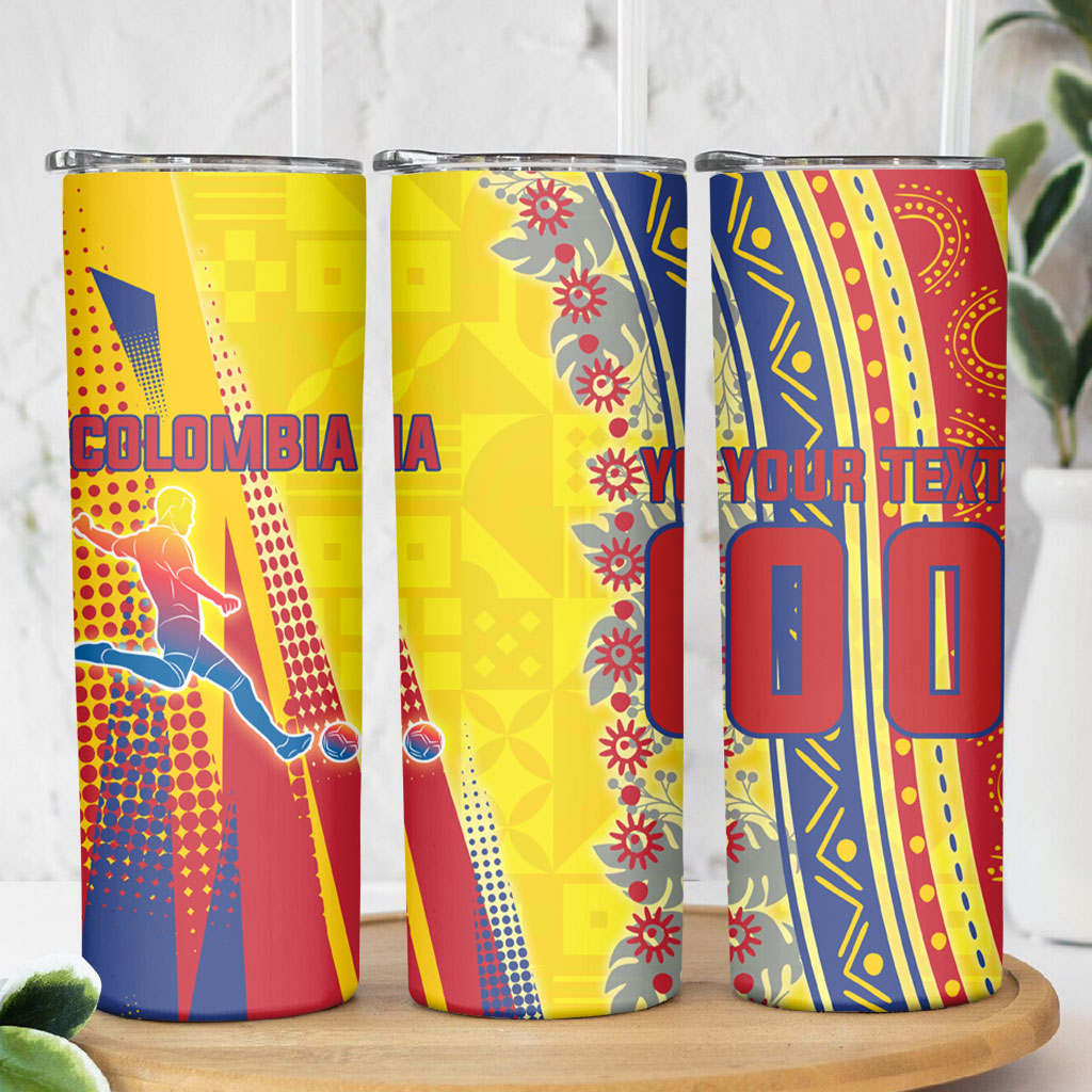 Personalized Colombia Soccer Skinny Tumbler Floral Folk Pattern - Retro Football Player Art