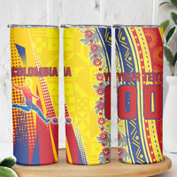 Personalized Colombia Soccer Skinny Tumbler Floral Folk Pattern - Retro Football Player Art