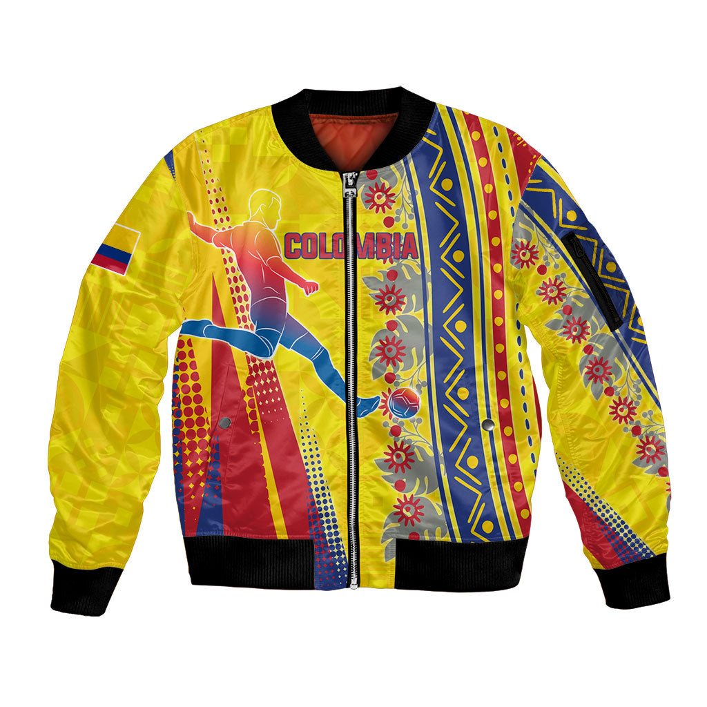 Personalized Colombia Soccer Sleeve Zip Bomber Jacket Floral Folk Pattern - Retro Football Player Art