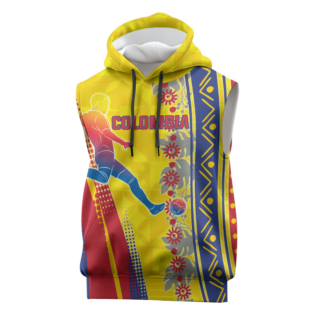 Personalized Colombia Soccer Sleeveless Hoodie Floral Folk Pattern - Retro Football Player Art