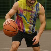 Personalized Colombia Soccer Sleeveless Hoodie Floral Folk Pattern - Retro Football Player Art