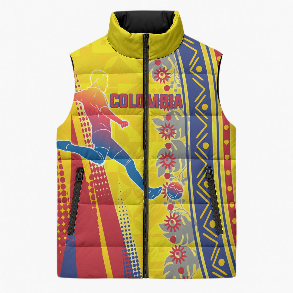 Personalized Colombia Soccer Sleeveless Puffer Jacket Floral Folk Pattern - Retro Football Player Art