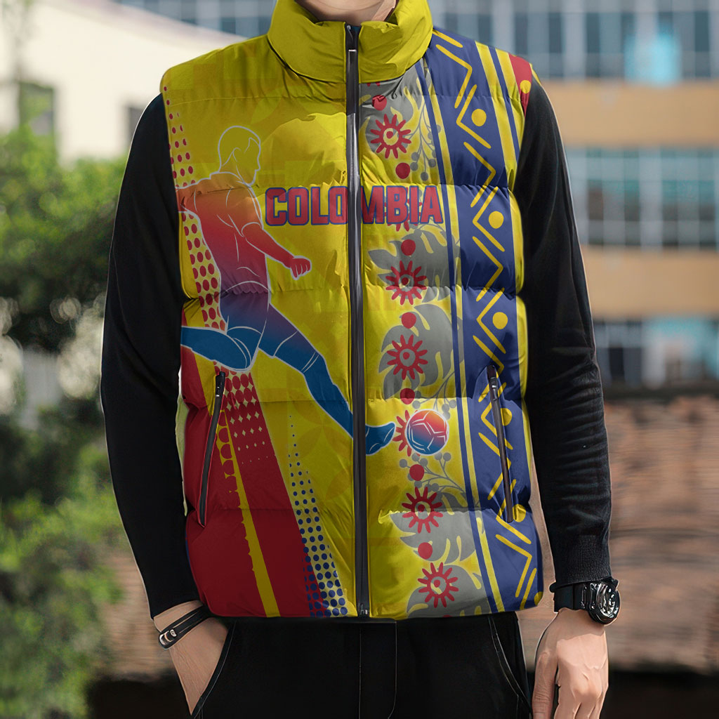 Personalized Colombia Soccer Sleeveless Puffer Jacket Floral Folk Pattern - Retro Football Player Art