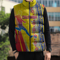 Personalized Colombia Soccer Sleeveless Puffer Jacket Floral Folk Pattern - Retro Football Player Art