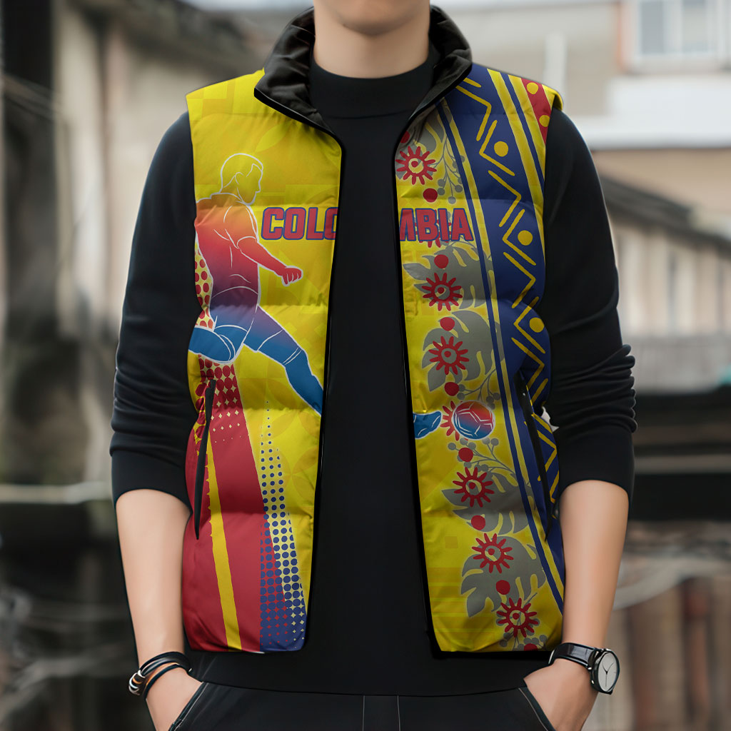 Personalized Colombia Soccer Sleeveless Puffer Jacket Floral Folk Pattern - Retro Football Player Art