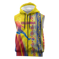 Personalized Colombia Soccer Sleeveless Zip Hoodie Floral Folk Pattern - Retro Football Player Art