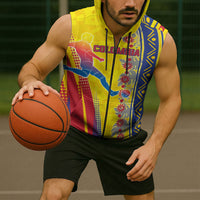 Personalized Colombia Soccer Sleeveless Zip Hoodie Floral Folk Pattern - Retro Football Player Art