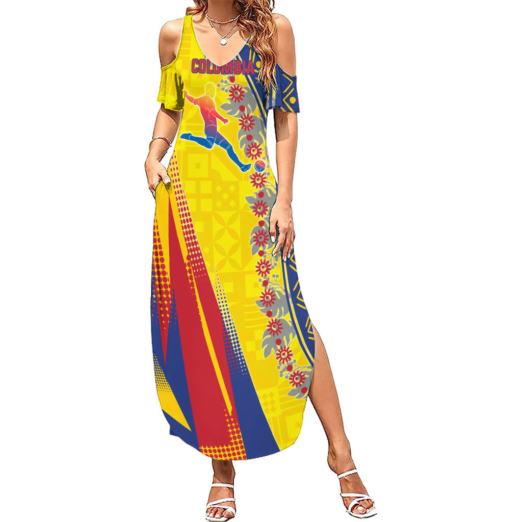 Personalized Colombia Soccer Summer Maxi Dress Floral Folk Pattern - Retro Football Player Art
