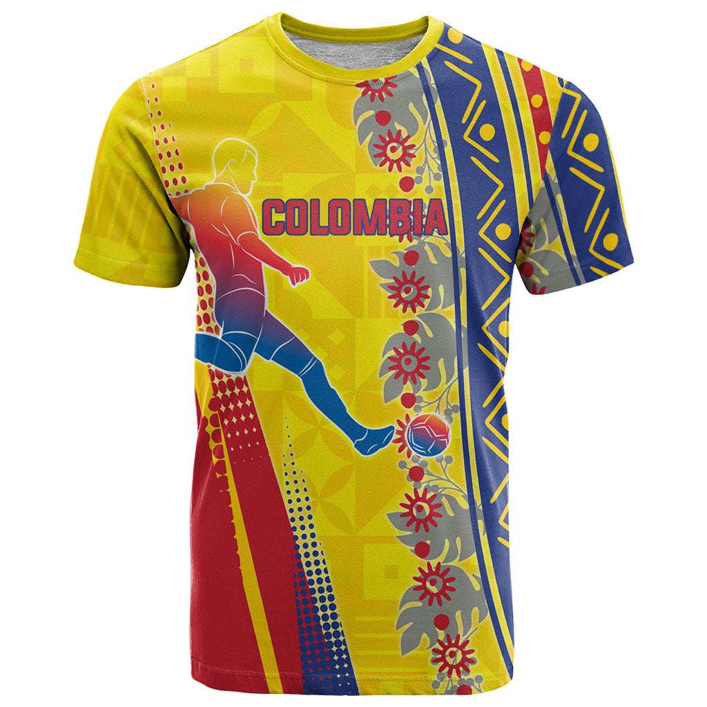 Personalized Colombia Soccer T Shirt Floral Folk Pattern - Retro Football Player Art