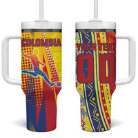 Personalized Colombia Soccer Tumbler With Handle Floral Folk Pattern - Retro Football Player Art