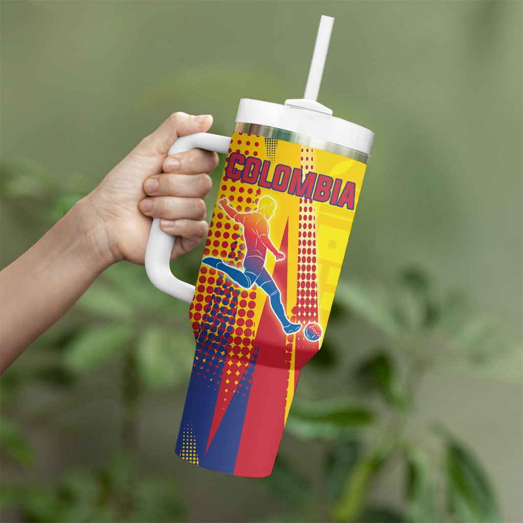 Personalized Colombia Soccer Tumbler With Handle Floral Folk Pattern - Retro Football Player Art