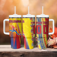 Personalized Colombia Soccer Tumbler With Handle Floral Folk Pattern - Retro Football Player Art
