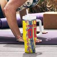 Personalized Colombia Soccer Tumbler With Handle Floral Folk Pattern - Retro Football Player Art