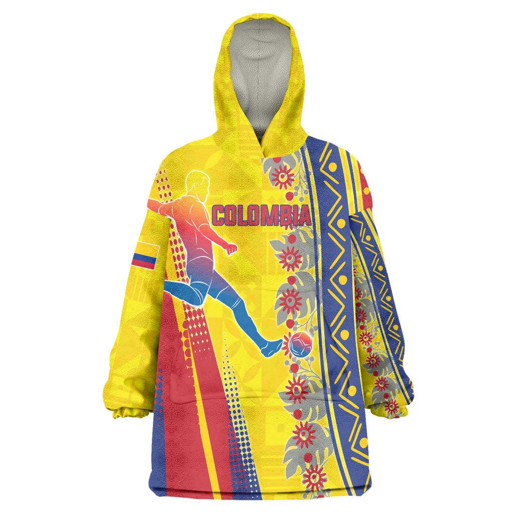 Personalized Colombia Soccer Wearable Blanket Hoodie Floral Folk Pattern - Retro Football Player Art