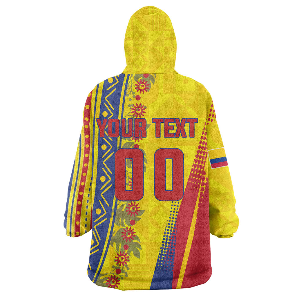 Personalized Colombia Soccer Wearable Blanket Hoodie Floral Folk Pattern - Retro Football Player Art