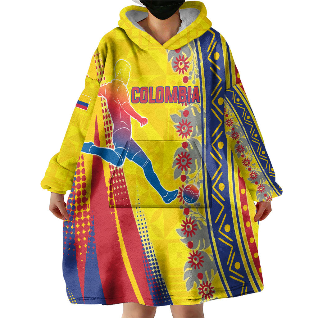 Personalized Colombia Soccer Wearable Blanket Hoodie Floral Folk Pattern - Retro Football Player Art