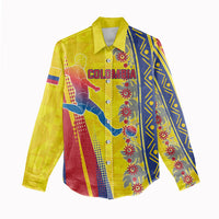 Personalized Colombia Soccer Women Casual Shirt Floral Folk Pattern - Retro Football Player Art