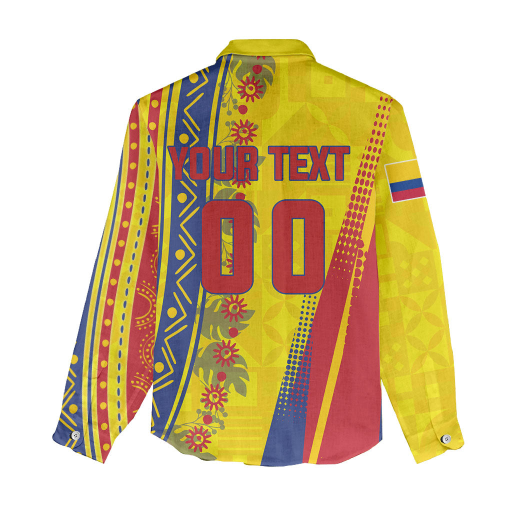 Personalized Colombia Soccer Women Casual Shirt Floral Folk Pattern - Retro Football Player Art