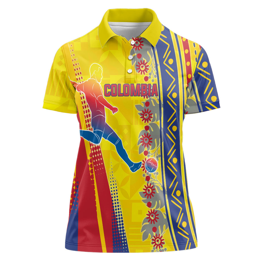 Personalized Colombia Soccer Women Polo Shirt Floral Folk Pattern - Retro Football Player Art
