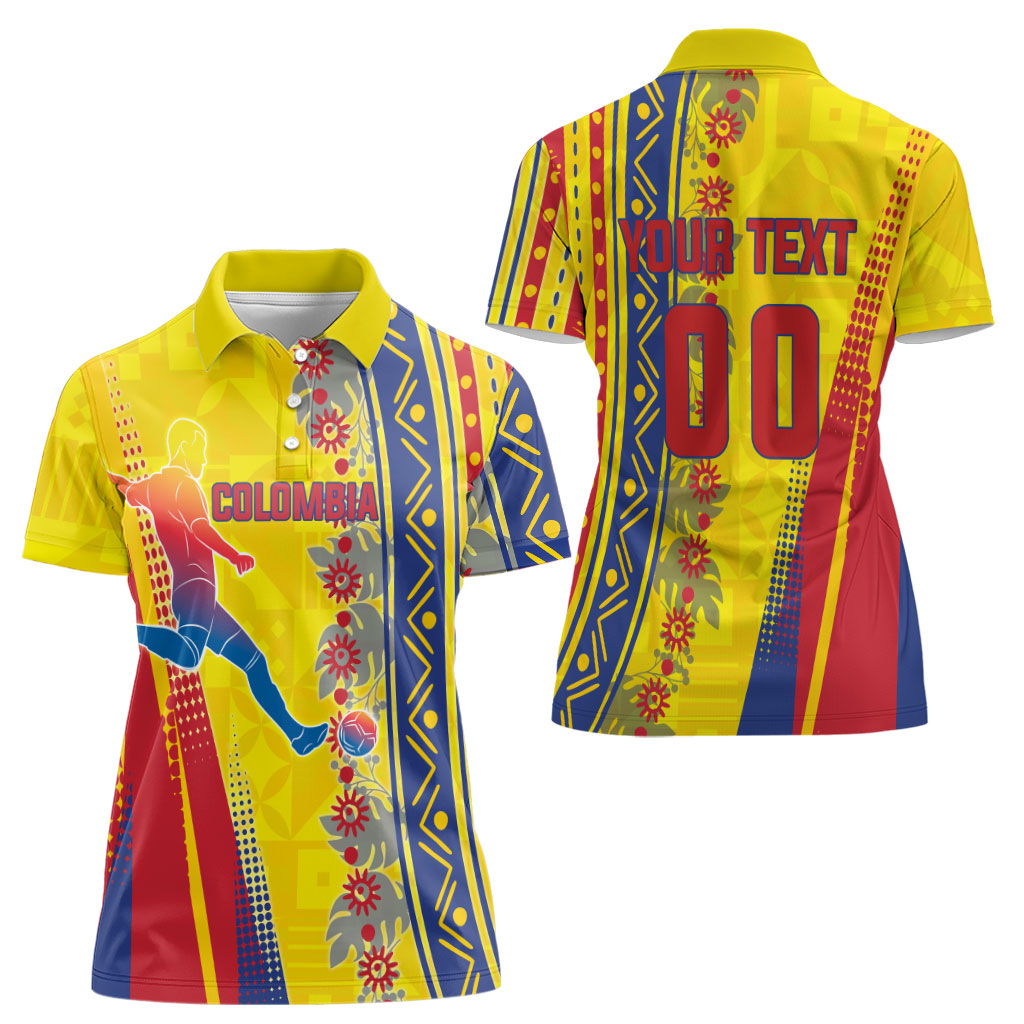 Personalized Colombia Soccer Women Polo Shirt Floral Folk Pattern - Retro Football Player Art