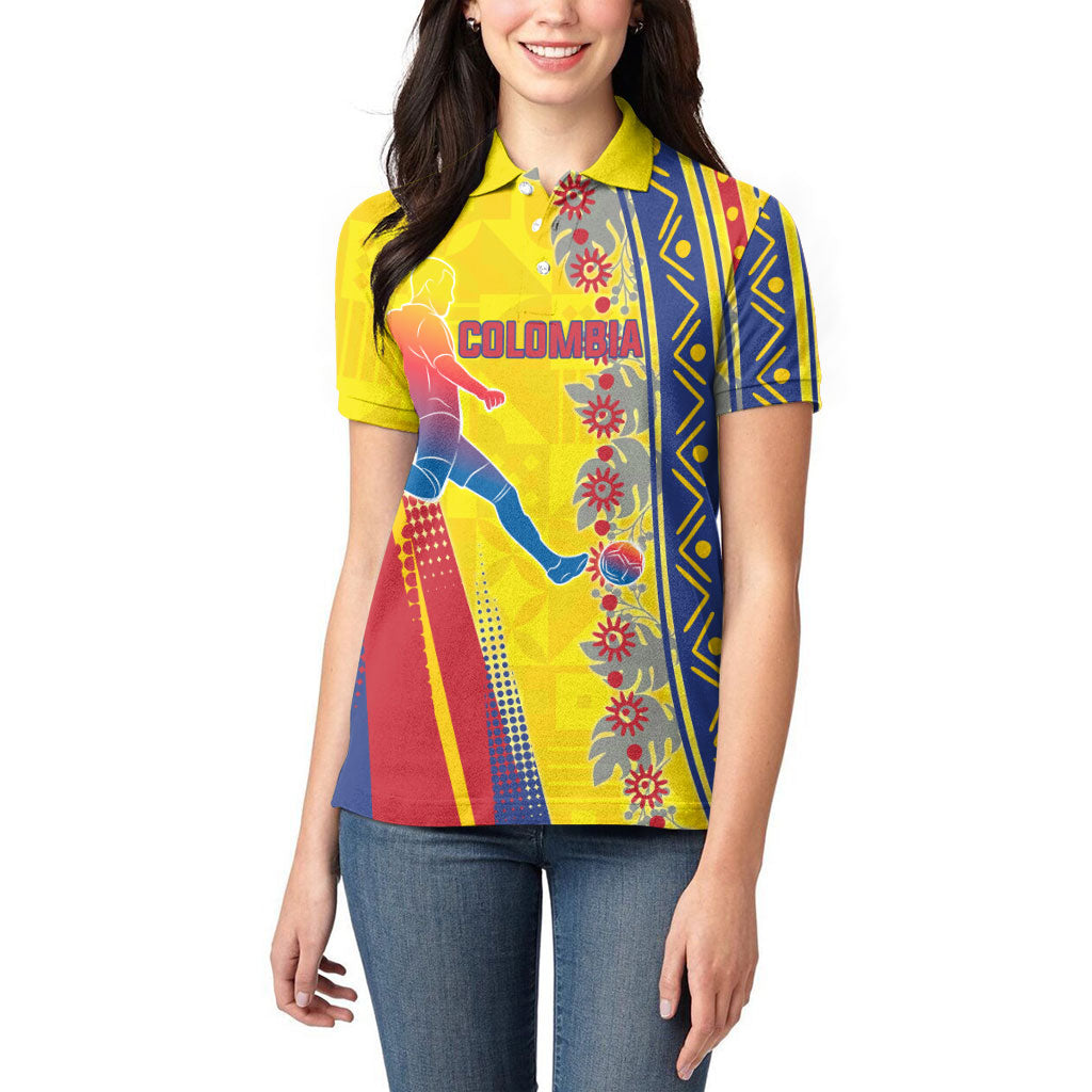 Personalized Colombia Soccer Women Polo Shirt Floral Folk Pattern - Retro Football Player Art
