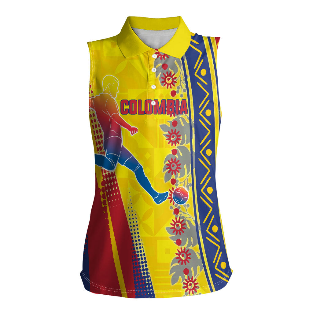 Personalized Colombia Soccer Women Sleeveless Polo Shirt Floral Folk Pattern - Retro Football Player Art