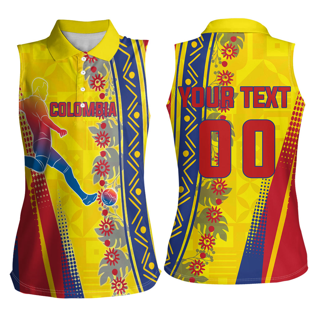 Personalized Colombia Soccer Women Sleeveless Polo Shirt Floral Folk Pattern - Retro Football Player Art