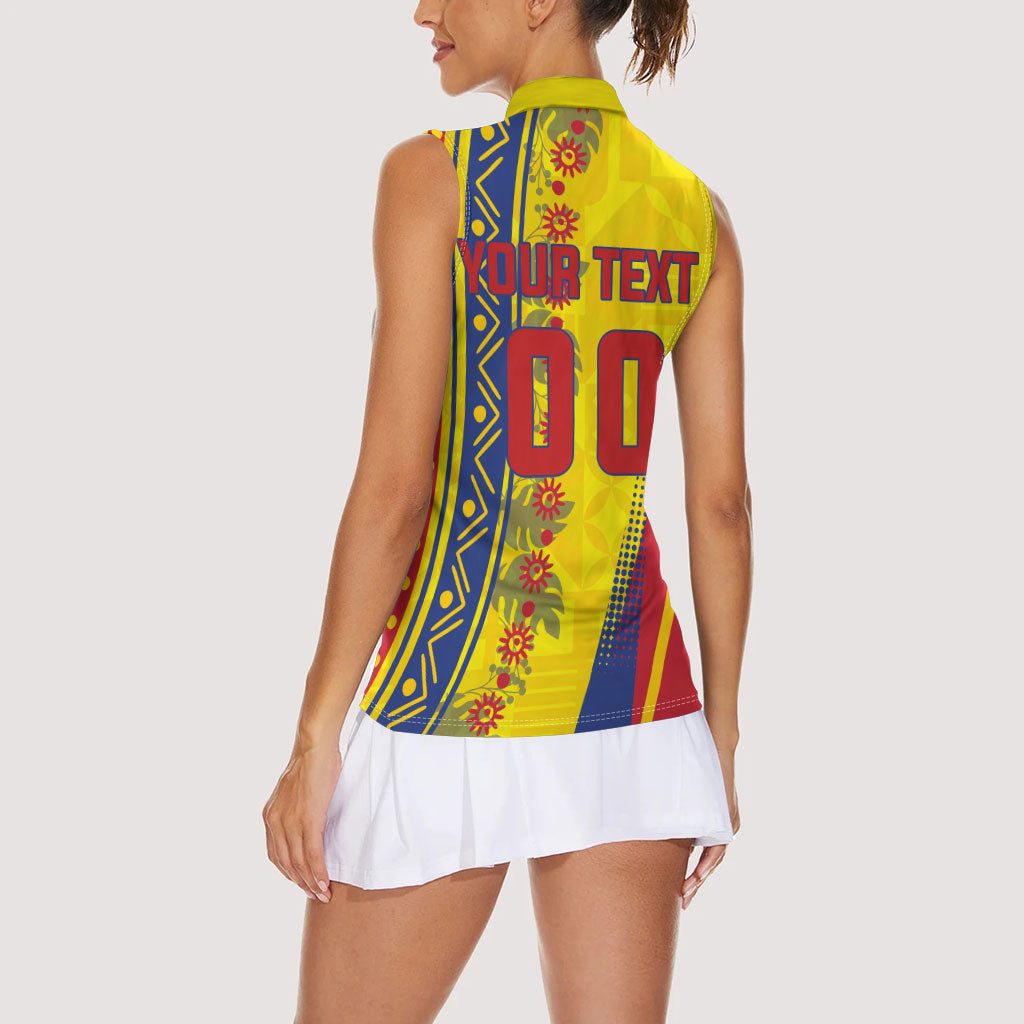 Personalized Colombia Soccer Women Sleeveless Polo Shirt Floral Folk Pattern - Retro Football Player Art