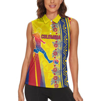 Personalized Colombia Soccer Women Sleeveless Polo Shirt Floral Folk Pattern - Retro Football Player Art