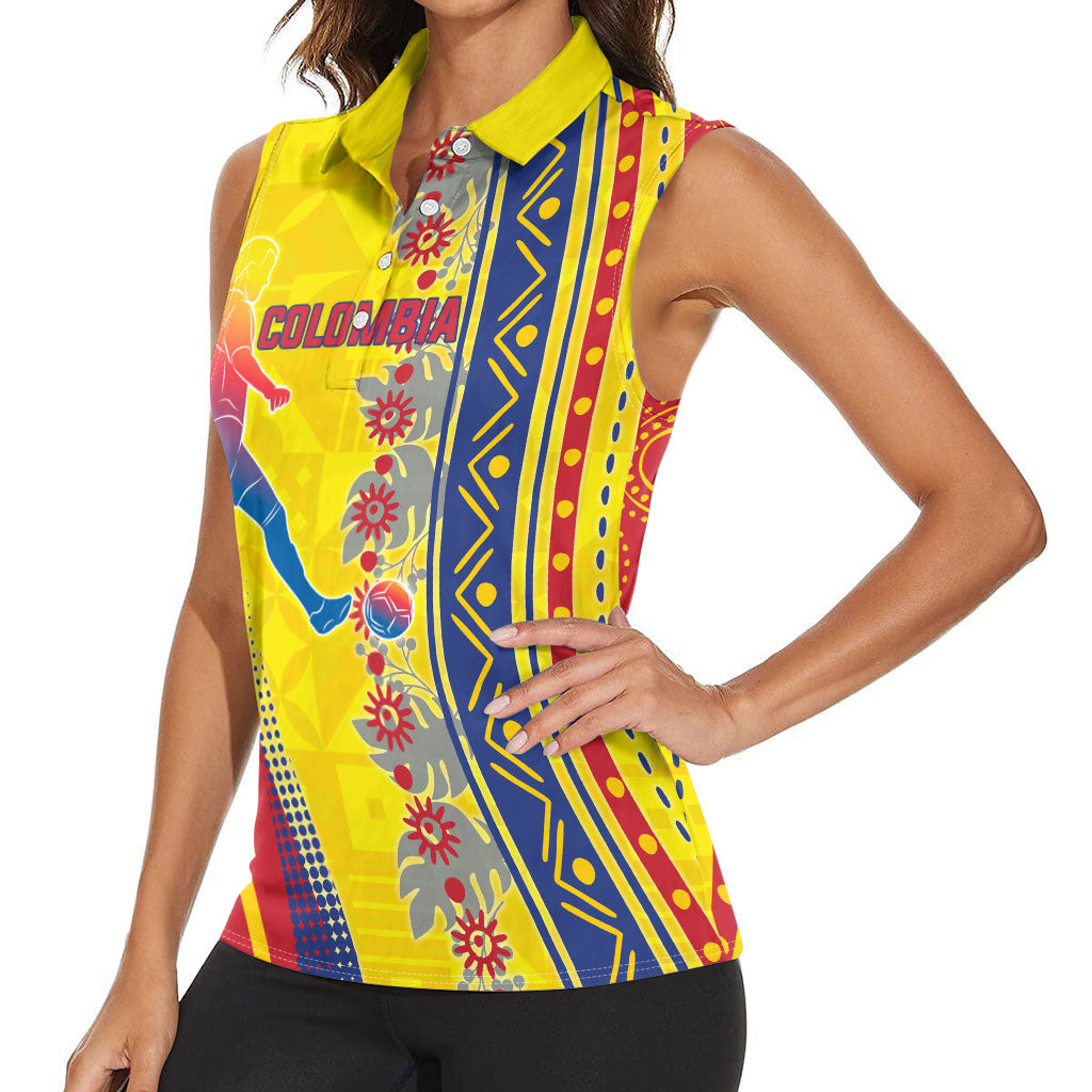 Personalized Colombia Soccer Women Sleeveless Polo Shirt Floral Folk Pattern - Retro Football Player Art
