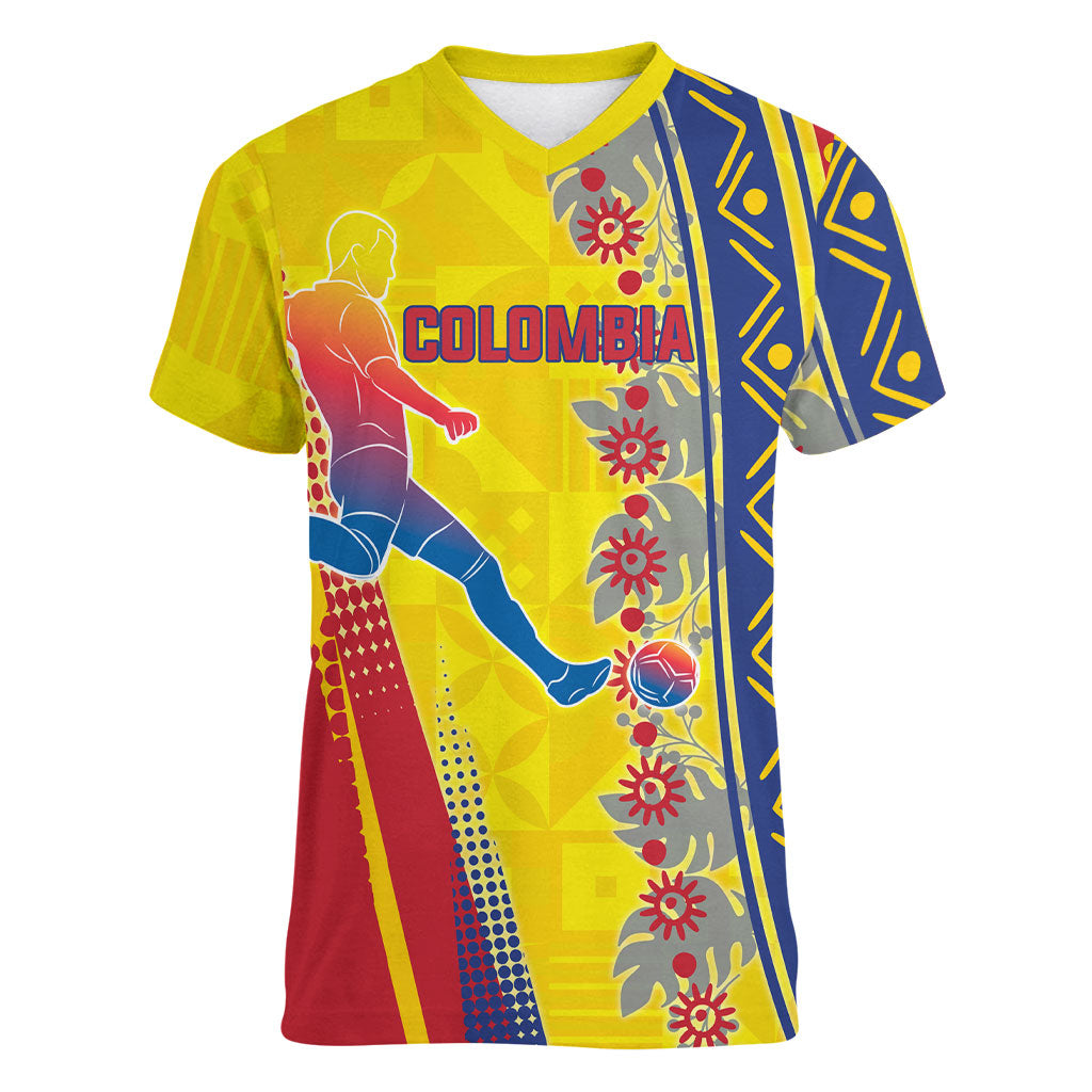 Personalized Colombia Soccer Women V-Neck T-Shirt Floral Folk Pattern - Retro Football Player Art