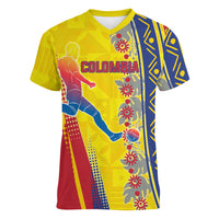 Personalized Colombia Soccer Women V-Neck T-Shirt Floral Folk Pattern - Retro Football Player Art