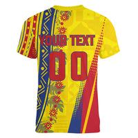 Personalized Colombia Soccer Women V-Neck T-Shirt Floral Folk Pattern - Retro Football Player Art