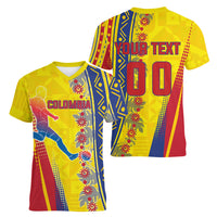 Personalized Colombia Soccer Women V-Neck T-Shirt Floral Folk Pattern - Retro Football Player Art