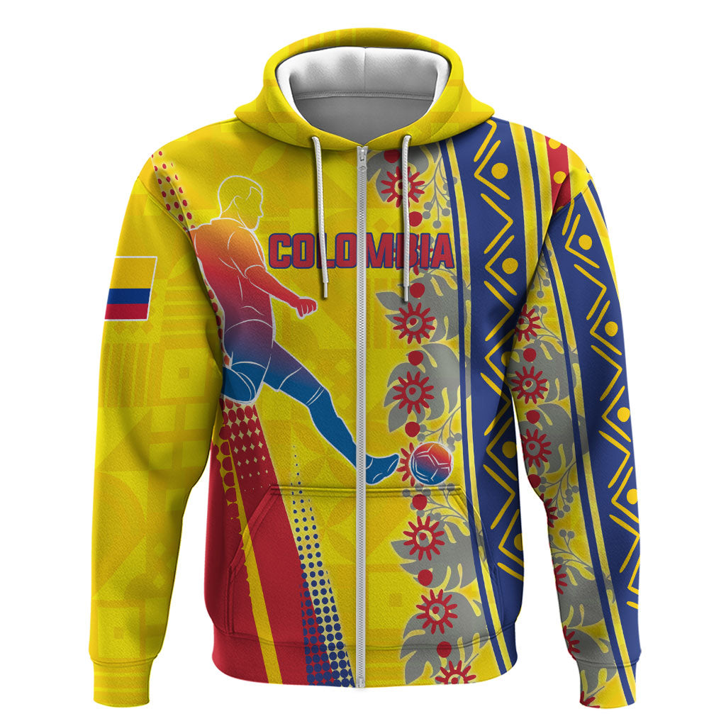 Personalized Colombia Soccer Zip Hoodie Floral Folk Pattern - Retro Football Player Art