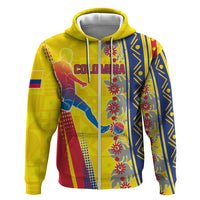 Personalized Colombia Soccer Zip Hoodie Floral Folk Pattern - Retro Football Player Art