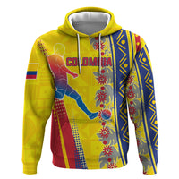 Personalized Colombia Soccer Zip Hoodie Floral Folk Pattern - Retro Football Player Art