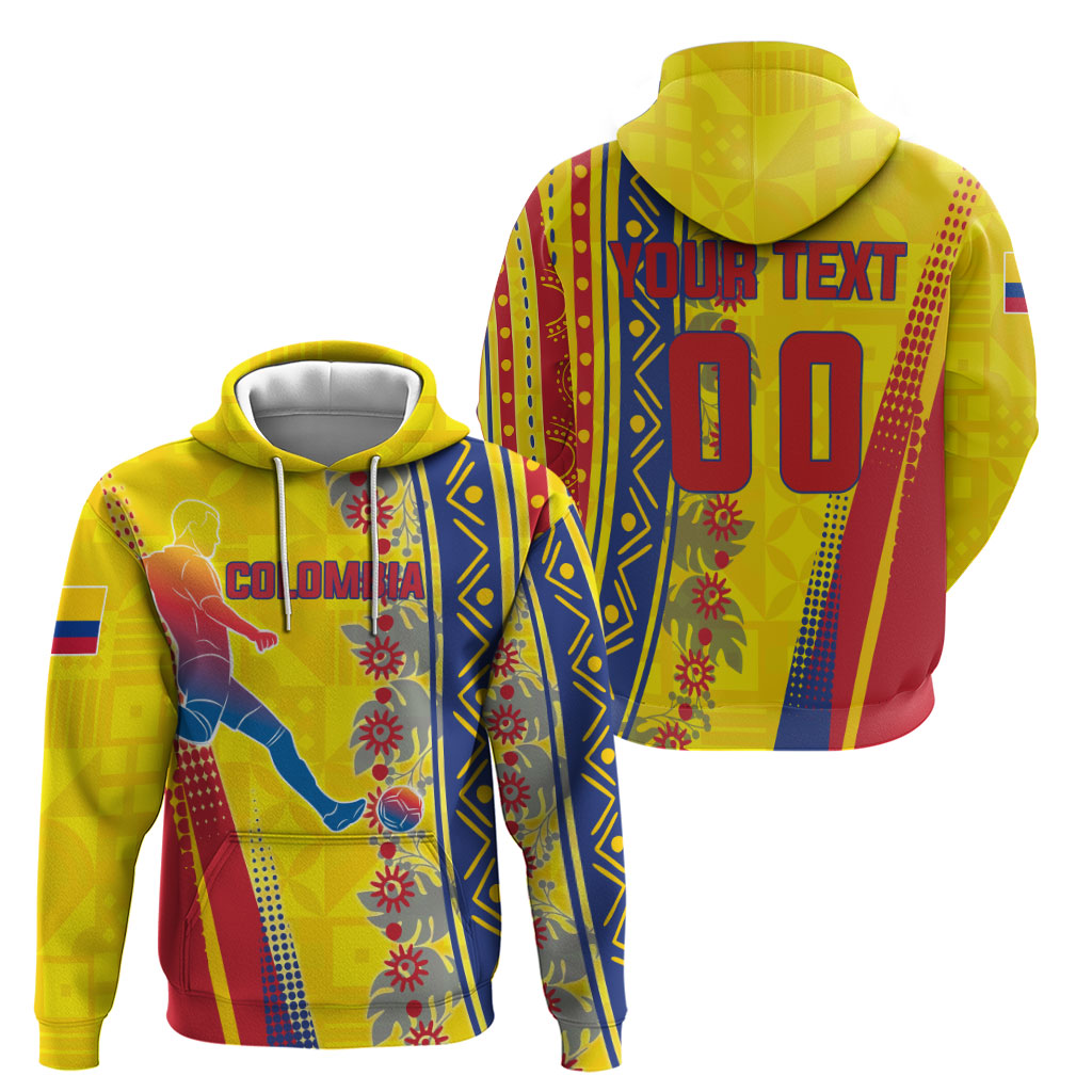 Personalized Colombia Soccer Zip Hoodie Floral Folk Pattern - Retro Football Player Art
