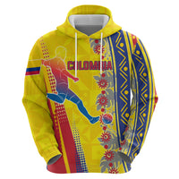 Personalized Colombia Soccer Zip Hoodie Floral Folk Pattern - Retro Football Player Art