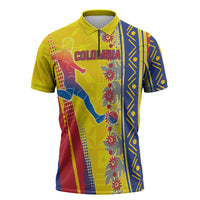 Personalized Colombia Soccer Zipper Polo Shirt Floral Folk Pattern - Retro Football Player Art