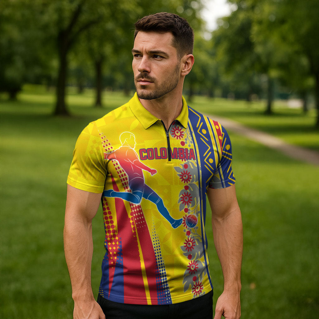 Personalized Colombia Soccer Zipper Polo Shirt Floral Folk Pattern - Retro Football Player Art