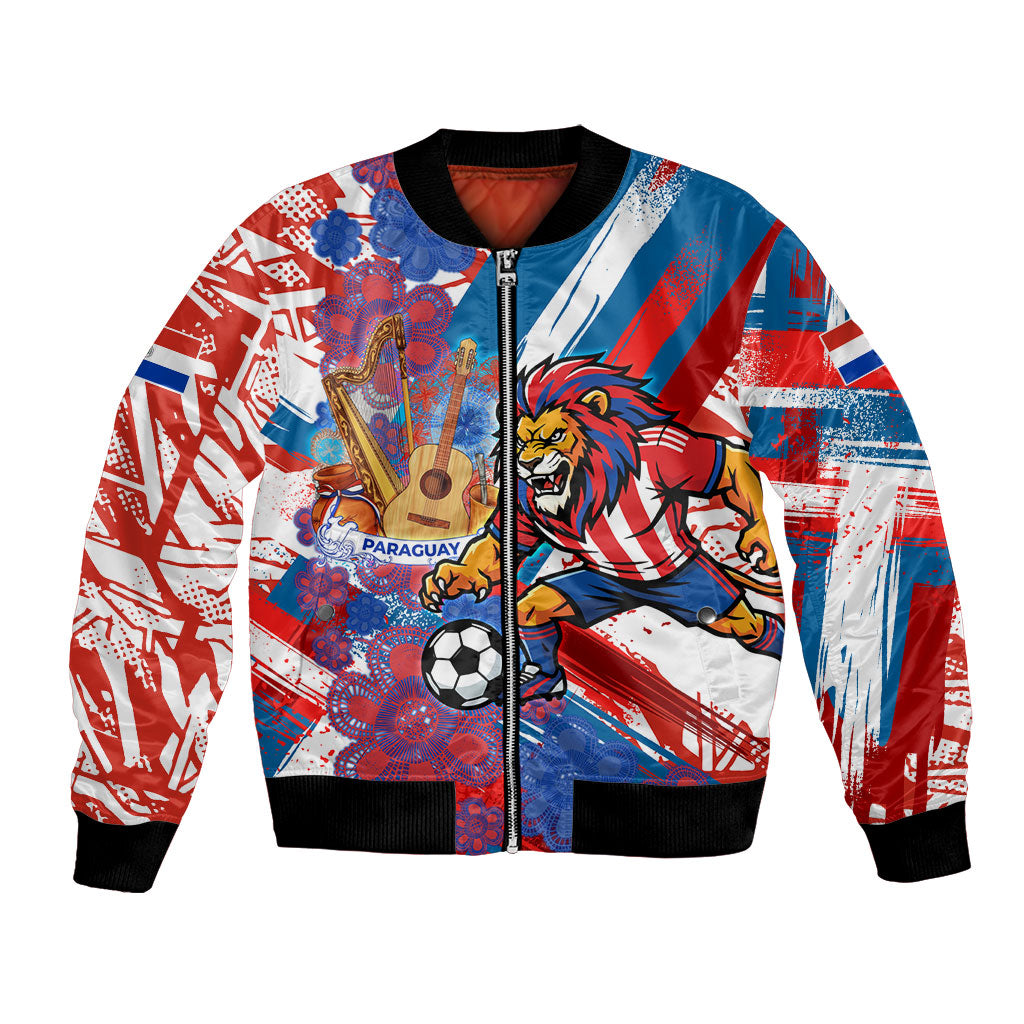 Personalized Paraguay Soccer Bomber Jacket Lion Football Mascot - Guarani Folk Art - Traditional Harp And Guitar